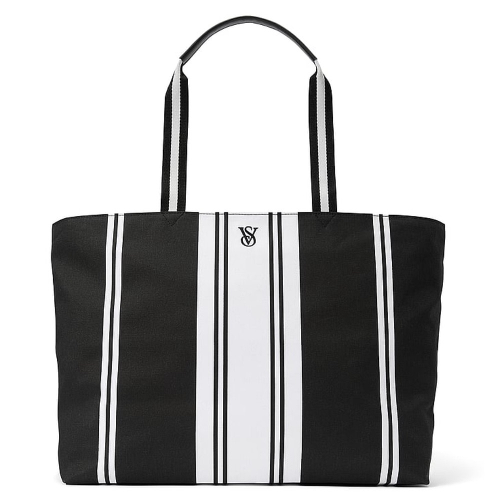 NWT Victorias Secret VS Black/White Striped Weekender Tote Travel Purse Bag